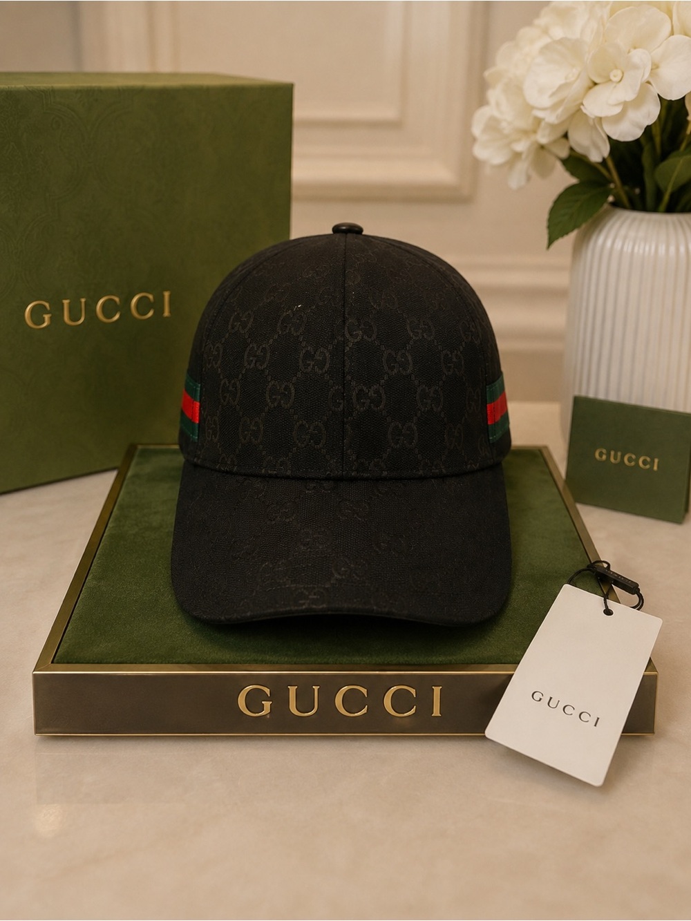 Luxury Fashion Black Canvas Baseball Cap with Web Stripe